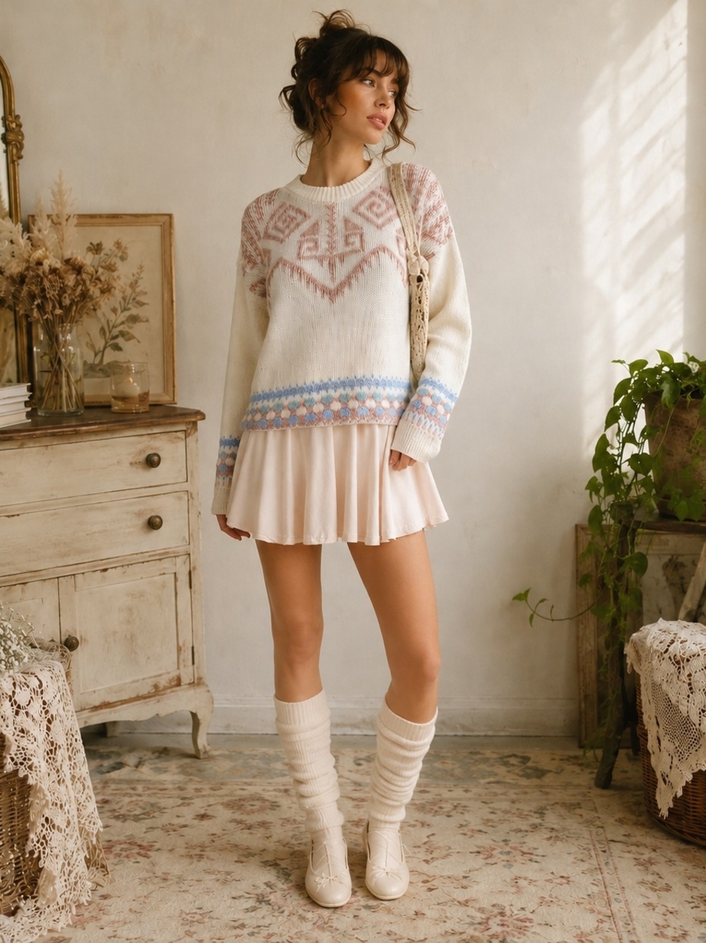Vintage 80s Pastel Nordic Fair Isle Sweater Cream Pink Blue Cottagecore Size L